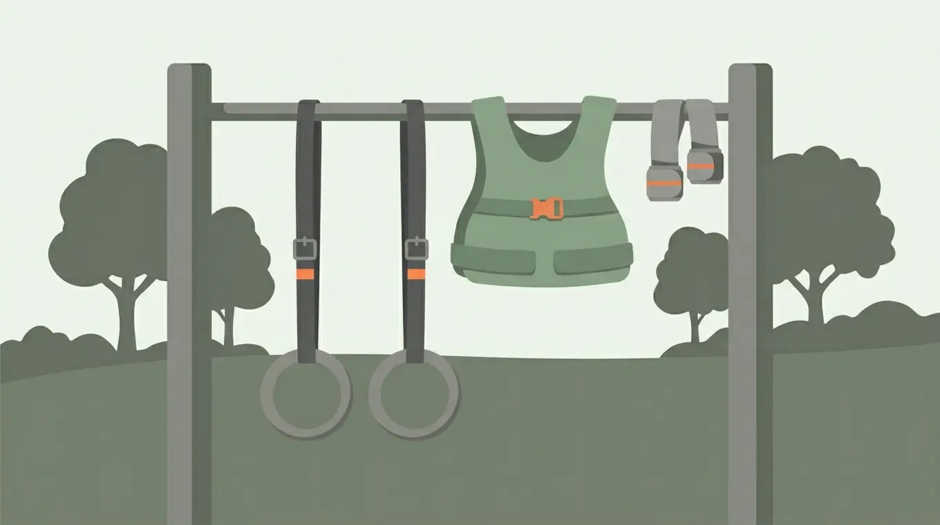 Minimalistische horizontale illustratie van een park pull-up bar met drie elementen: gymnastische ringen, een weight vest over de bar en twee wrist wraps. Neutrale kleuren met spaa