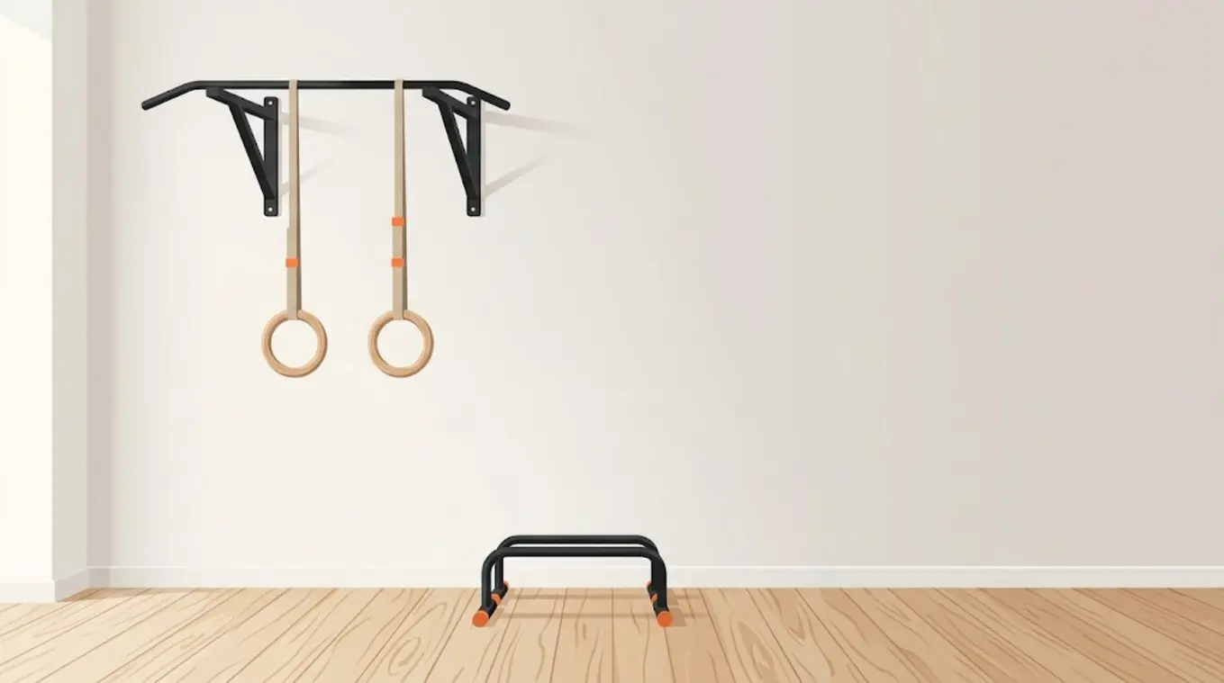 Minimalistische illustratie van een compacte calisthenics home gym: zwarte wand-pull-up bar aan een lichte muur, houten turnringen met subtiele oranje straps (#fb8344) en zwarte mi