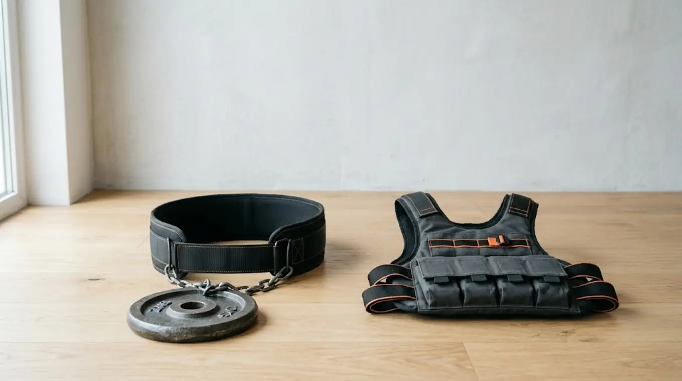 Horizontale minimalistische foto van een zwarte dip belt met één metalen schijf en een donkergrijs gewichtsvest met subtiele oranje accenten (#fb8344) op een lichte vloer tegen een