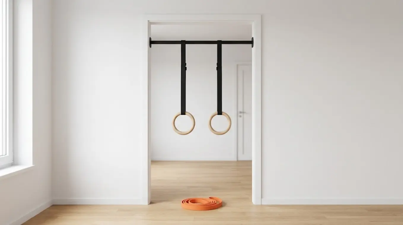 Horizontale foto van een minimalistische thuissportschuur: een matte zwarte pull-up bar in een witte deurpost met houten turnringen eraan en één oranje weerstandsband (#fb8344) net