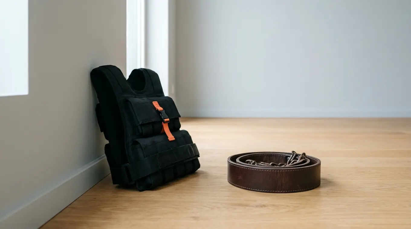 Minimalistische, horizontale foto van een compact zwart gewichtsvest (zonder logo) dat opgevouwen tegen een lichtgrijze muur leunt en een leren dip belt die netjes op een lichte ho