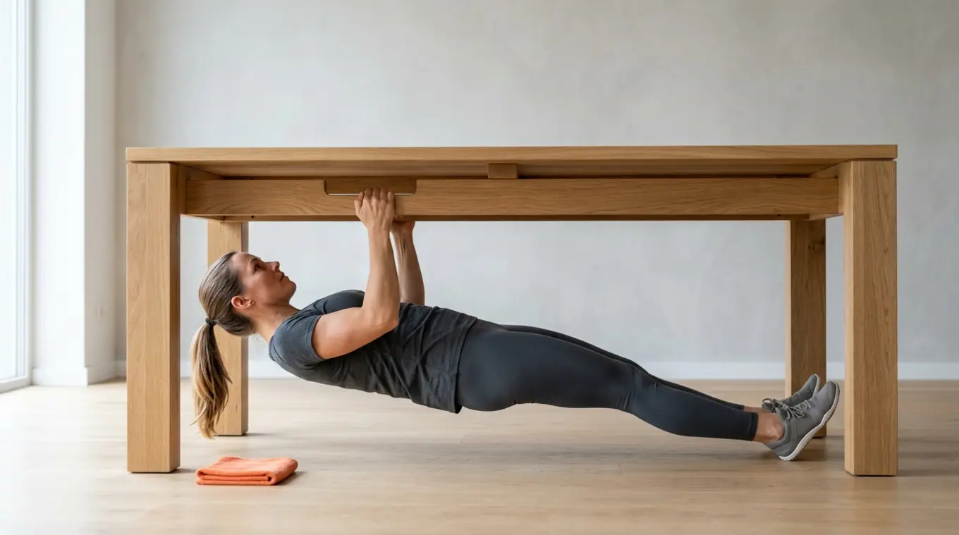 Fotorealistische horizontale foto van iemand die een tafelrij uitvoert onder een moderne, minimalistische tafel in een lichte kamer; één klein oranje accent (#fb8344) zoals een opg