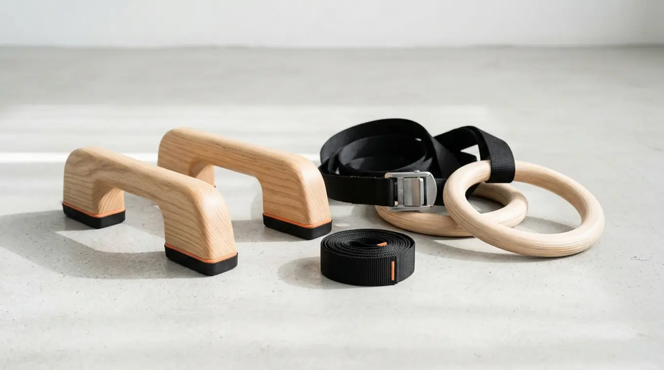 Minimalistische foto van hoogwaardige portable calisthenics-apparaten: houten mini parallettes, houten ringen met zwarte nylon straps en metalen buckle, en een opgerolde travel str