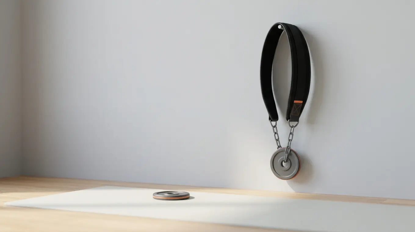 Minimalistische realistische foto van een zwarte weighted dip belt met metalen ketting en een klein fractioneel gewicht (ongeveer 2,5 kg) dat eraan hangt, plus een identieke plaat 