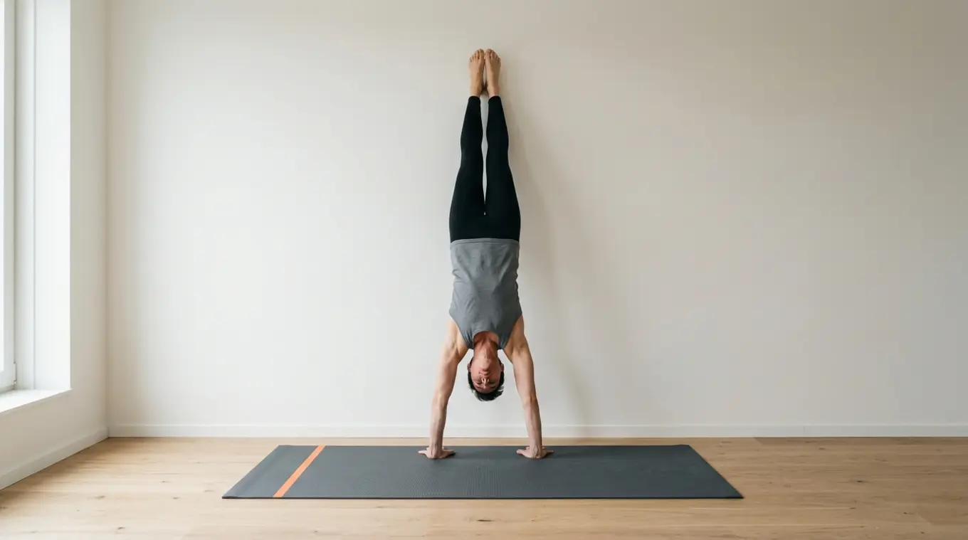 Minimalistische foto van een dunne donkergrijze gymnastiekmat met subtiele oranje rand (#fb8344) op een houten vloer; een persoon oefent een handstand met de voeten tegen een witte