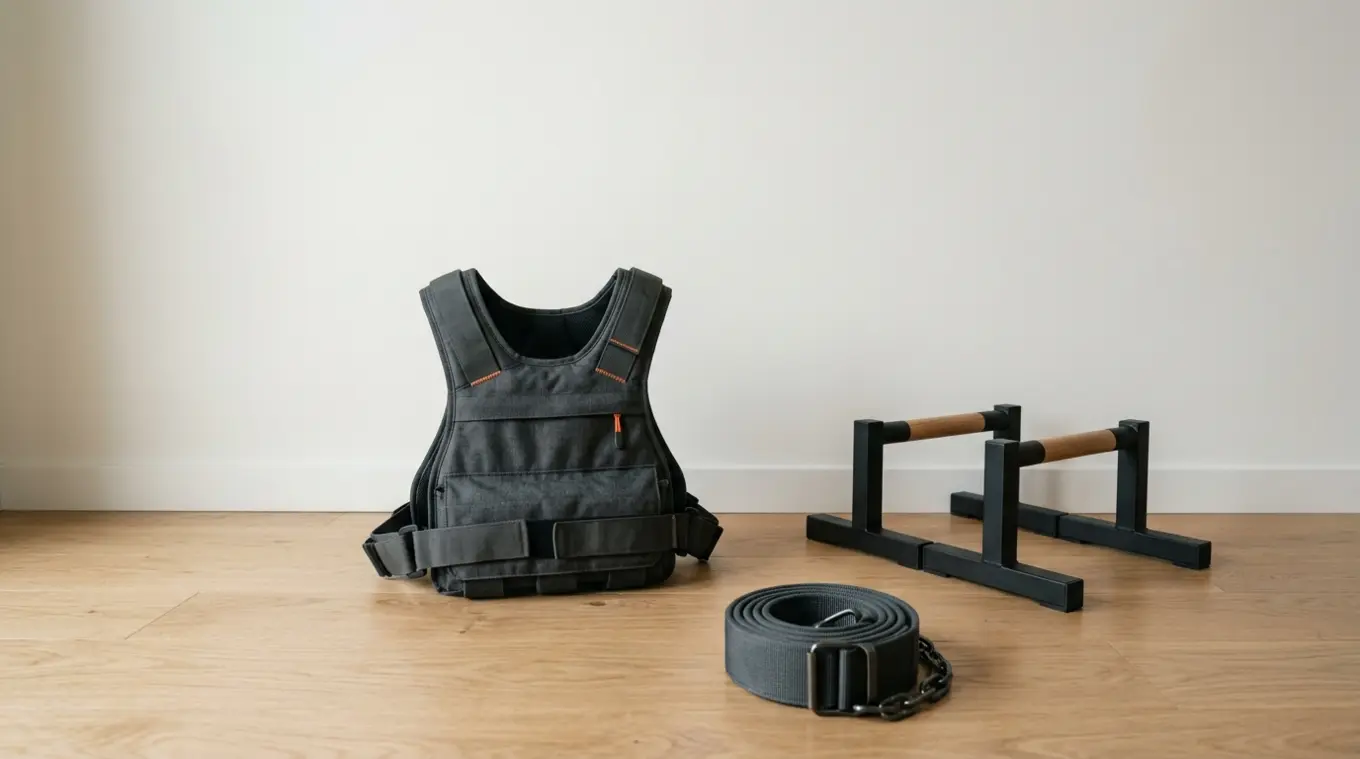 Horizontale, realistische foto van een minimalistische thuisgym: een zwart weight vest met een klein oranje detail (#fb8344), compacte parallettes en een opgerolde dip belt op een 