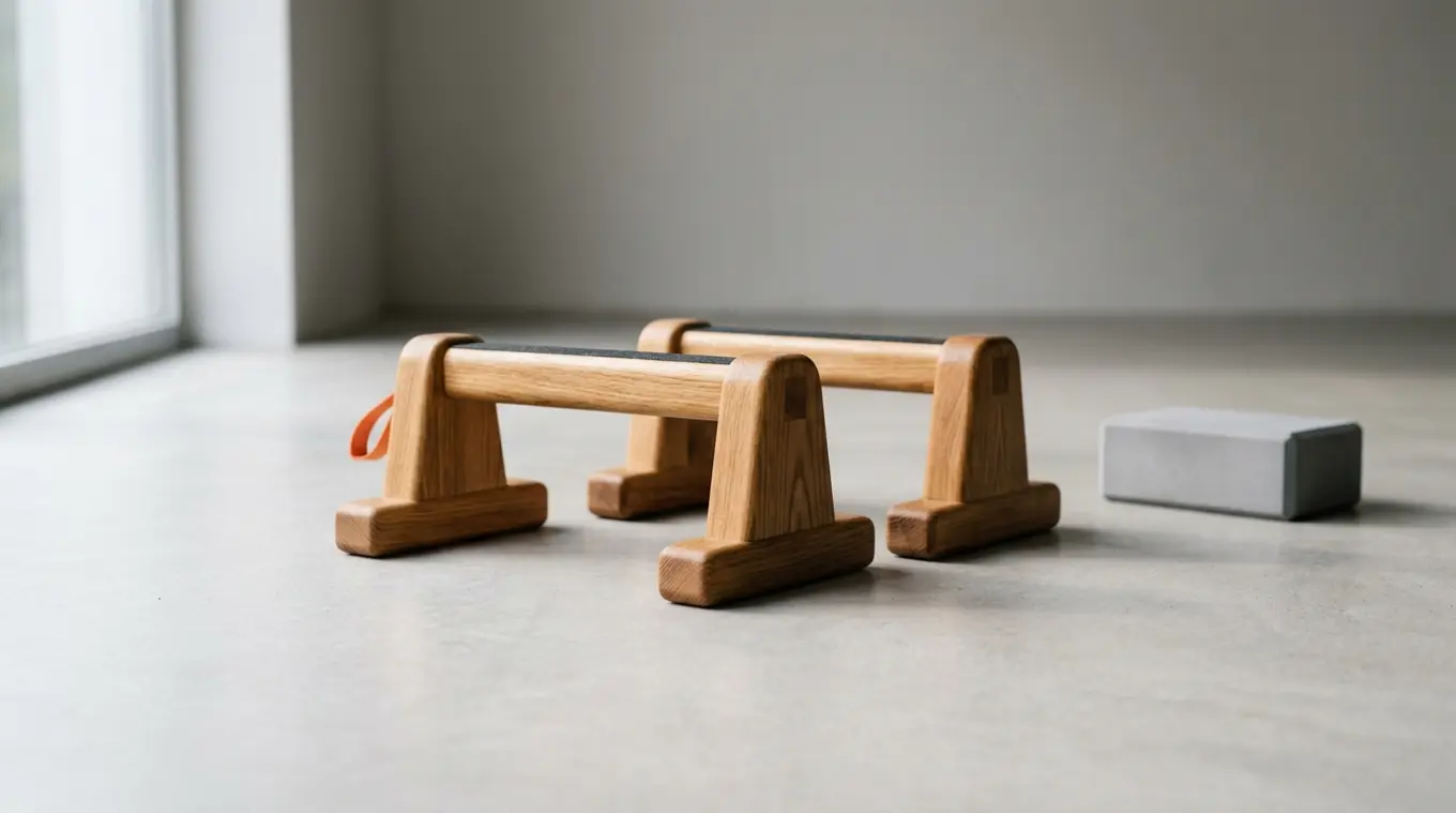 Minimalistische foto van twee houten handstand blocks centraal op een lichte moderne vloer, met een lichtgrijs foamblok iets vervaagd op de achtergrond en een subtiel oranje accent