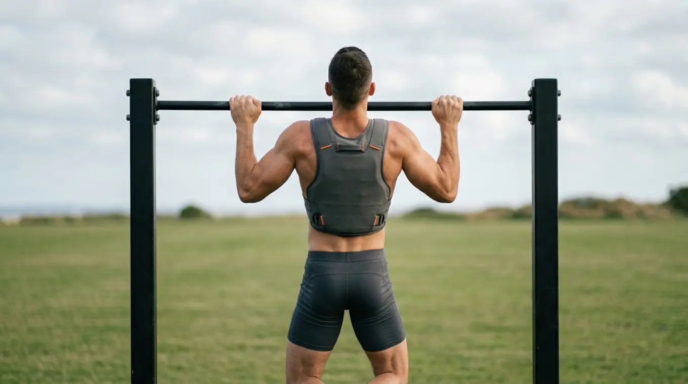 Fotorealistische horizontale foto van een militair uitziende sporter die een pull-up doet aan een eenvoudige buitenstang; zeer minimalistische achtergrond van lucht en gras. De spo
