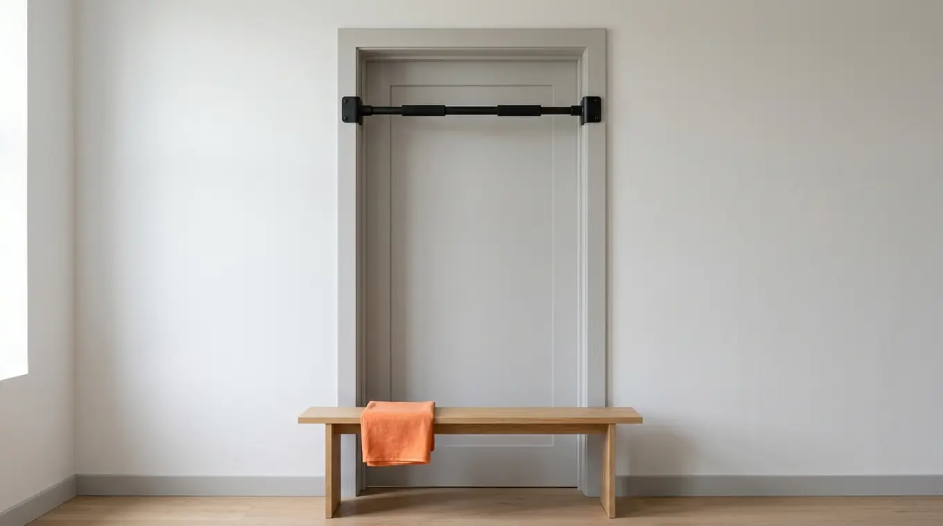 Fotorealistisch horizontaal beeld van een matte zwarte uitschuifbare pull-up bar gemonteerd in een witte deuropening; onderaan een eenvoudig houten bankje met een opgevouwen handdo