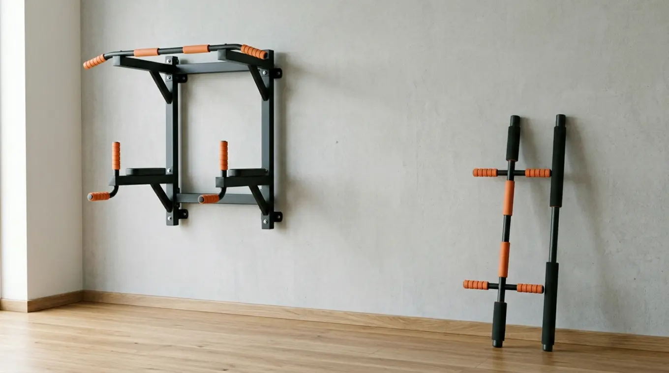 Horizontale minimalistische foto van een matte zwarte wandgemonteerde pull-up- en dipstation naast een losse deurkozijn pull-up bar, tegen een lichtgrijze betonnen muur en houten v