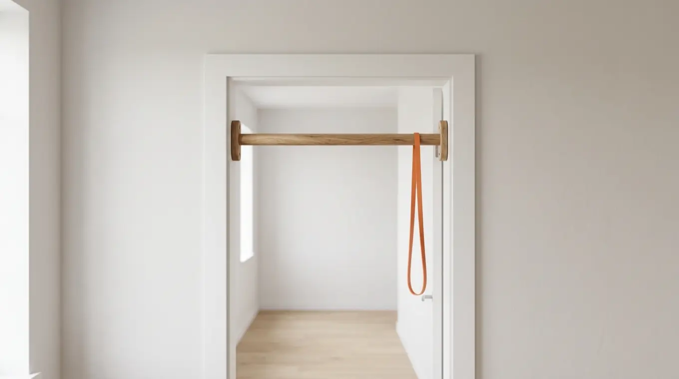 Horizontaal minimalistisch beeld van een houten pull-up bar in een wit deurkozijn met één subtiel oranje accent (#fb8344), schone achtergrond en zachte natuurlijke belichting.