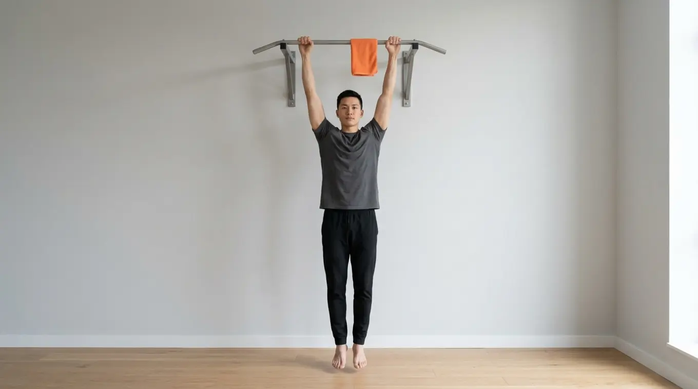 Fotorealistische horizontale afbeelding van een persoon die ontspannen hangt aan een eenvoudige pull-up bar in een minimalistische thuiskamer; een klein oranje handdoekje (#fb8344)