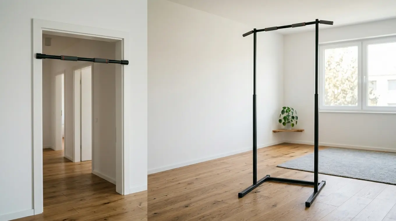 Minimalistische horizontale foto van een lichte kamer met twee pull-up opties zonder schroeven: links een compacte over-de-deur pull-up bar in een deuropening, rechts een vrijstaan