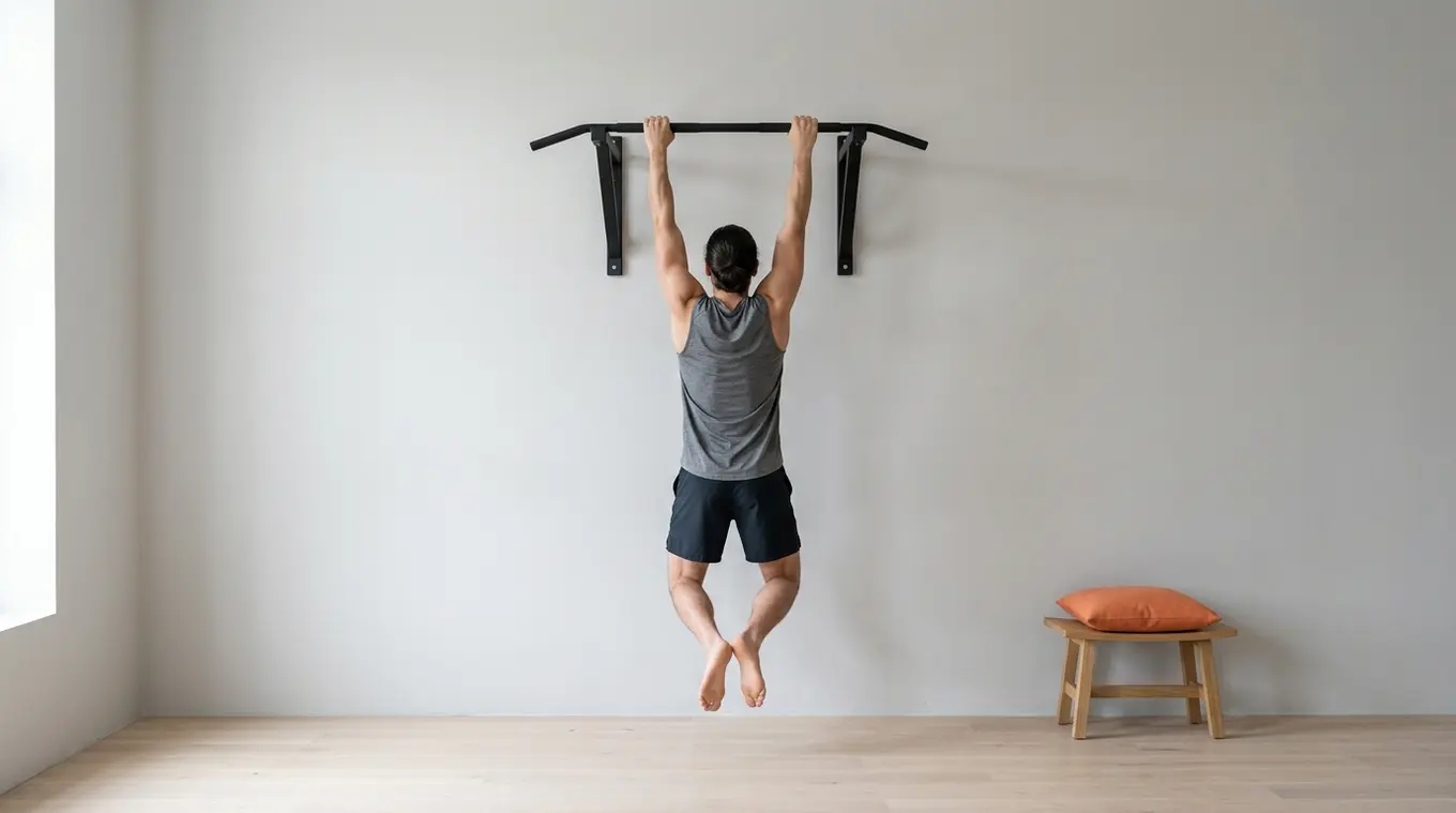 Minimalistische homegym: matte zwarte optrekstang aan een lichte muur, persoon hangt met gebogen knieën en voeten net boven de vloer; naast de persoon staat een klein krukje met ee