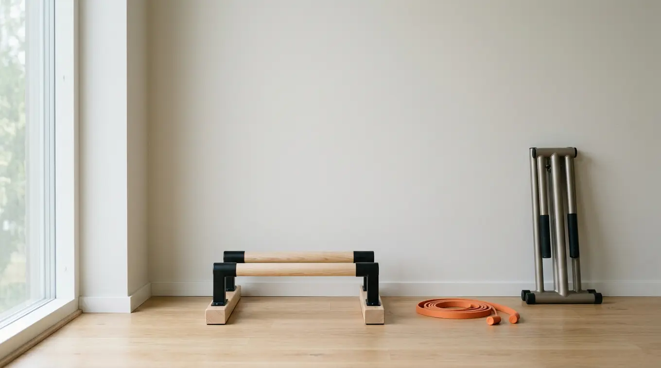Minimalistische, realistische foto van een kleine woonruimte met compacte calisthenics-materialen: lage parallettes op de houten vloer, een opgerolde weerstandband in oranje (#fb83