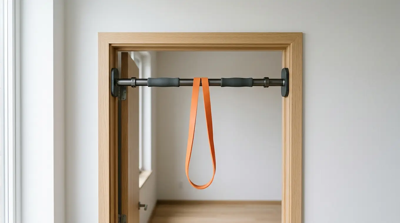 Horizontale, minimalistische foto van een premium no-drill optrekstang in een witte deuropening met één oranje (#fb8344) weerstandband over de stang; schone achtergrond, natuurlijk