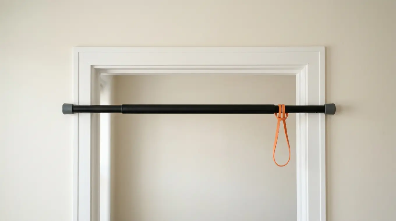 Minimalistische foto van een matzwarte uitschuifbare pull-up bar in een wit deurkozijn met een klein oranje weerstandbandje als accent, natuurlijke belichting en een rustige achter
