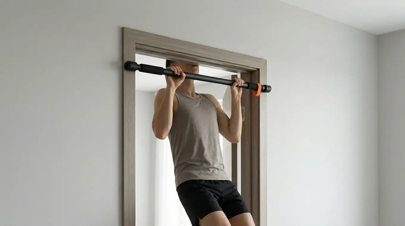 Horizontale foto van een minimalistisch deurkozijn met een zonder-boor pull-up bar; een persoon doet een gecontroleerde pull-up (alleen torso en armen zichtbaar) en een kleine oran