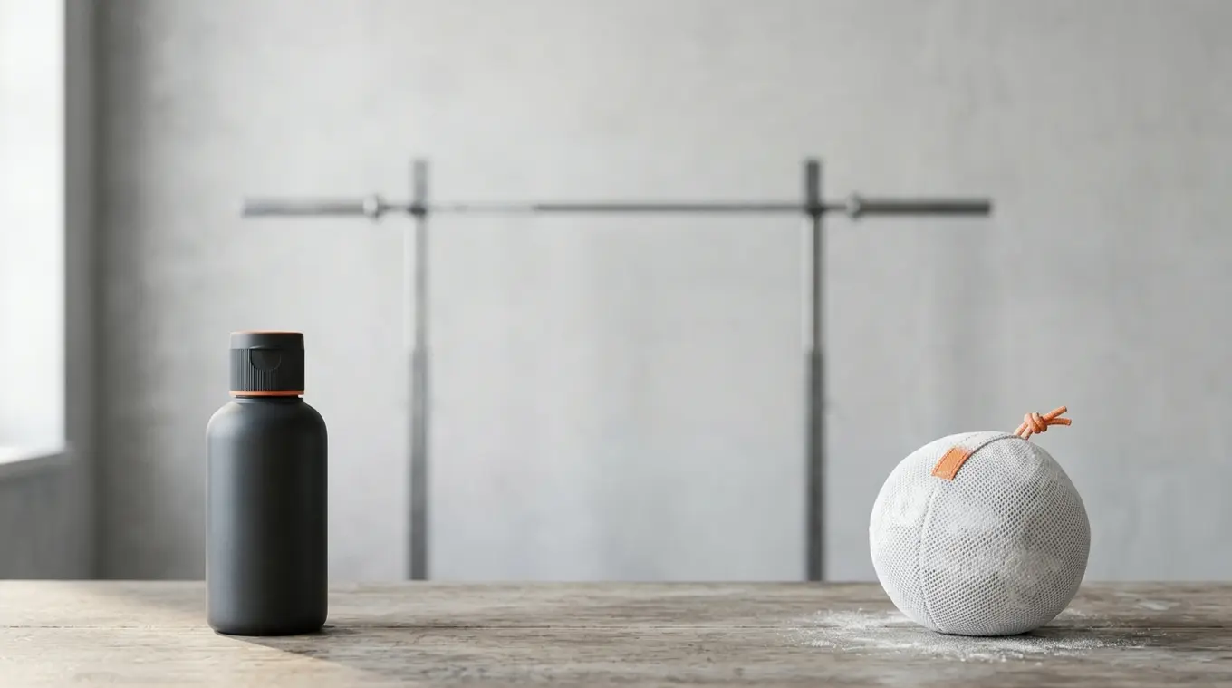 Horizontale minimalistische foto van een klein flesje liquid chalk met oranje dop (#fb8344) links, een ronde chalk ball met oranje stiksel rechts en een vage pull-up bar op de acht