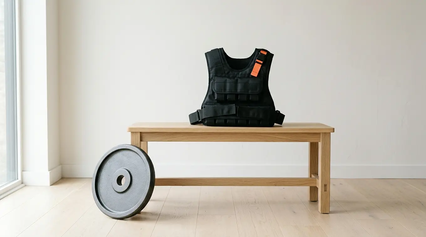 Horizontale foto van een zwart verstelbaar gewichtsvest met een klein oranje accent (#fb8344) op een lichte houten bank, met één matte donkere gewichtsschijf ertegenaan en een rust
